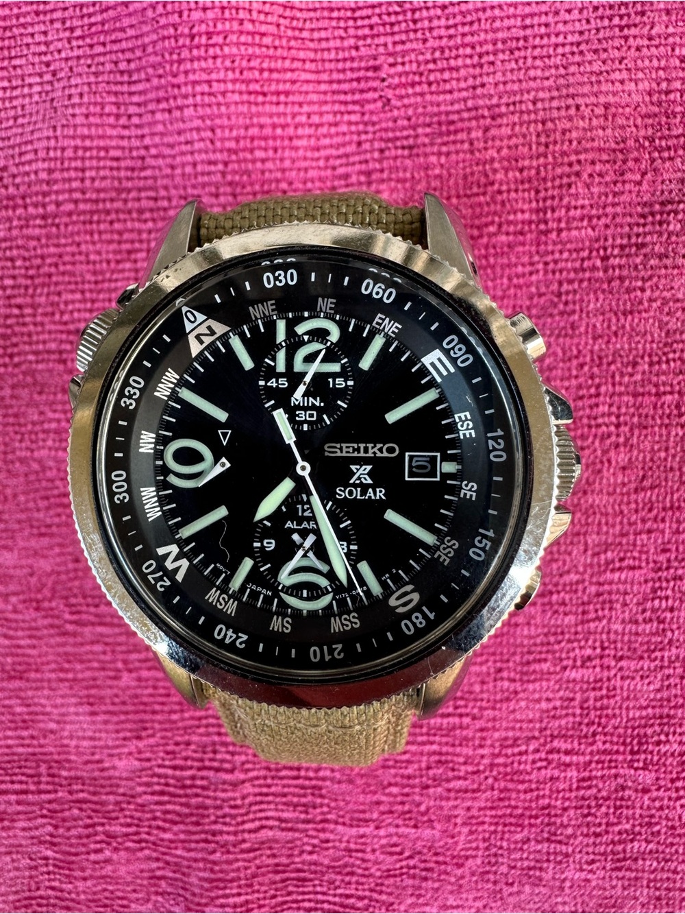Seiko Solar Pilot-Style Watch — Black Dial with Tan Strap